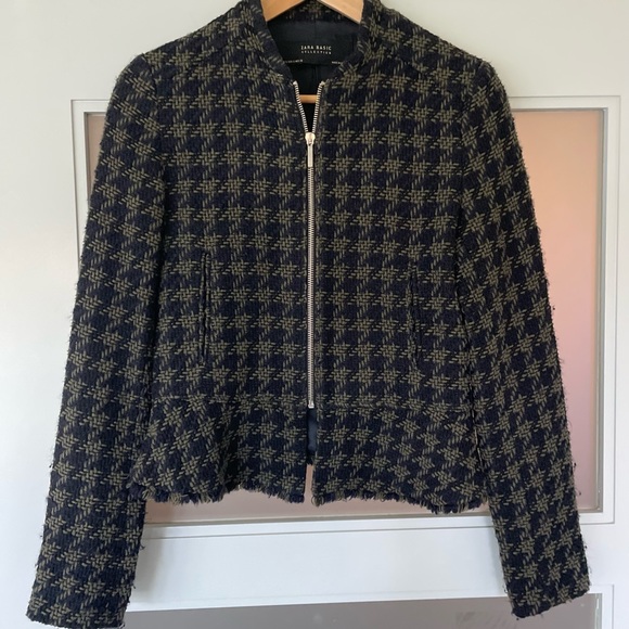 Zara Houndstooth Navy Tweed Zip Up Jacket - Picture 1 of 5